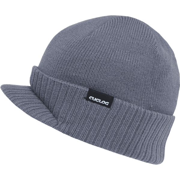 A grey beanie with a folded brim and a logo tag.