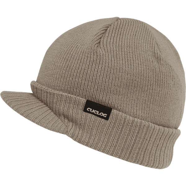 A beige beanie with a folded brim and a branding logo on the side.