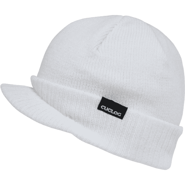 A white beanie with a folded cuff and a small logo. The beanie has a flat brim at the front.