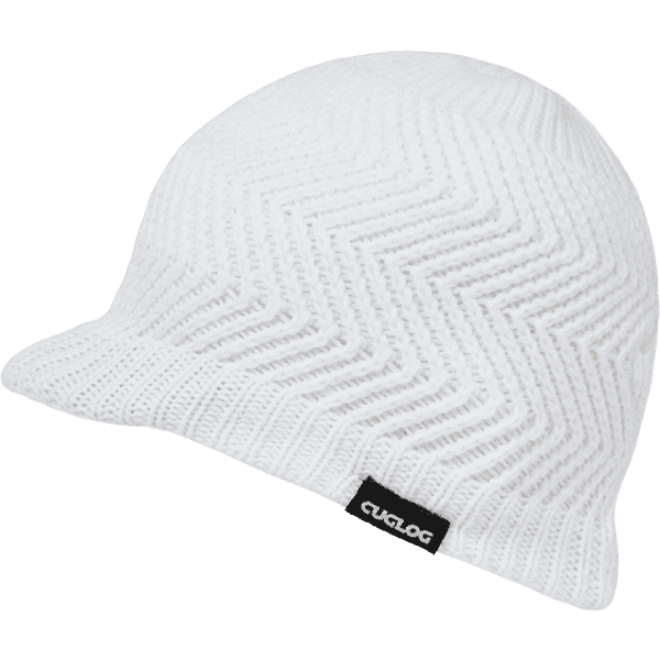 A white beanie featuring a textured pattern and a brand logo.