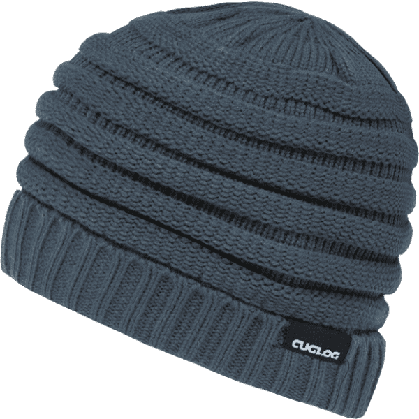 A dark grey beanie with a textured ribbed design and a small branding label.