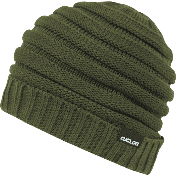 A green knitted beanie with a ribbed band and a small logo.