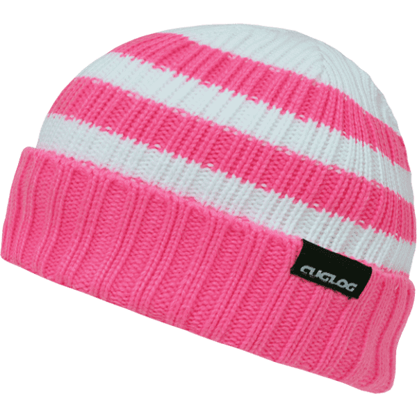 A pink and white striped beanie with a ribbed cuff and a branding logo.
