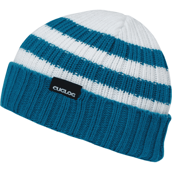 A knitted beanie with white and teal stripes, featuring a cuffed design and a small logo on the side.