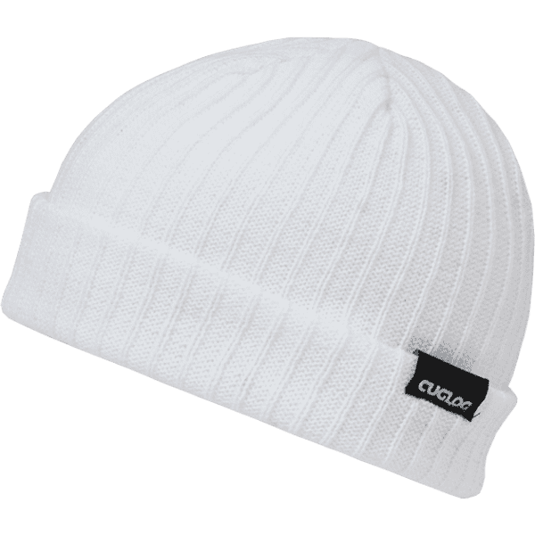 A white ribbed beanie featuring a small black logo. The beanie is warm and designed for cold weather.
