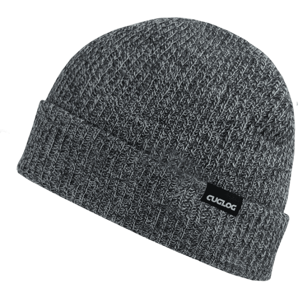A grey knit beanie with a small logo on the side.