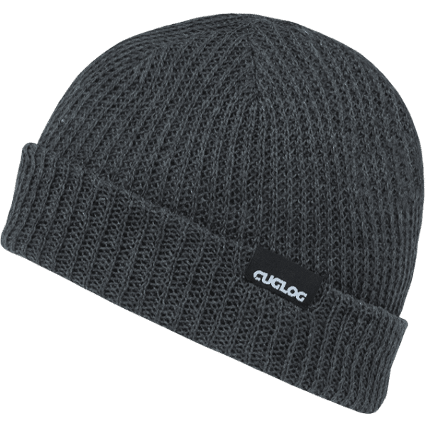 A dark grey beanie with a ribbed texture and a small branding label on the side.