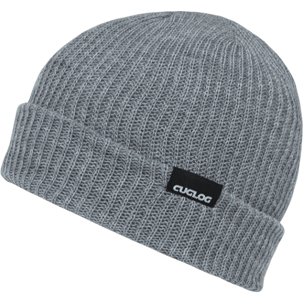 A grey knitted beanie with a folded cuff and a logo patch.