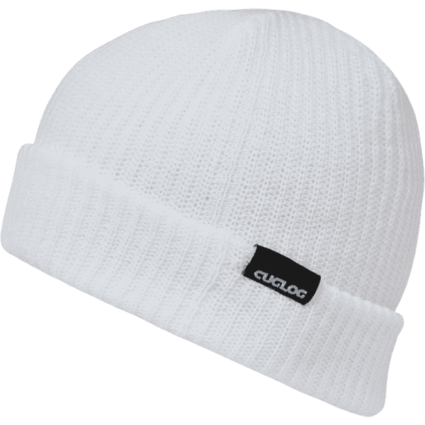 A white knitted beanie with a black logo tag.