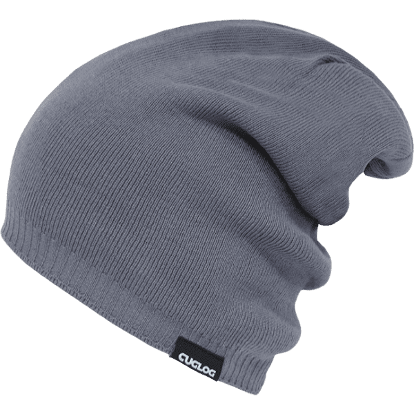 A grey beanie with a ribbed texture and a small logo label.