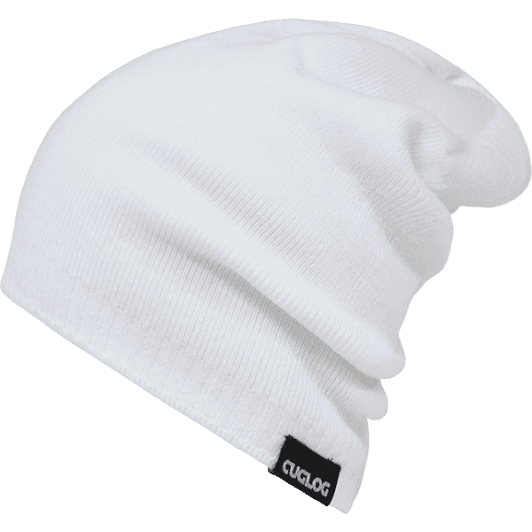 A white beanie with a folded cuff and a logo label on the side, showcasing a simple design.