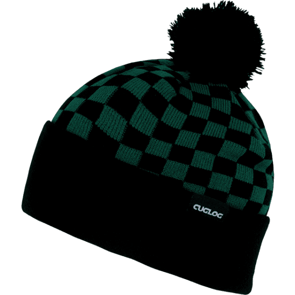 A green and black checkered beanie with a pom-pom on top and a logo on the side.