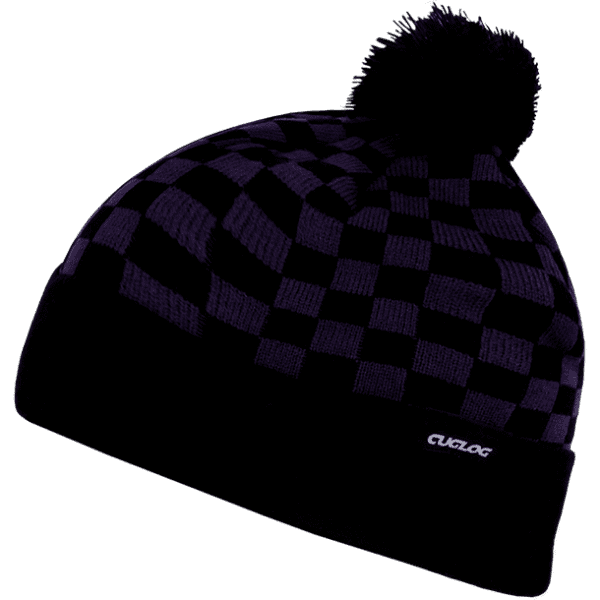A purple and black checker beanie with a pom-pom on top and a logo on the front.