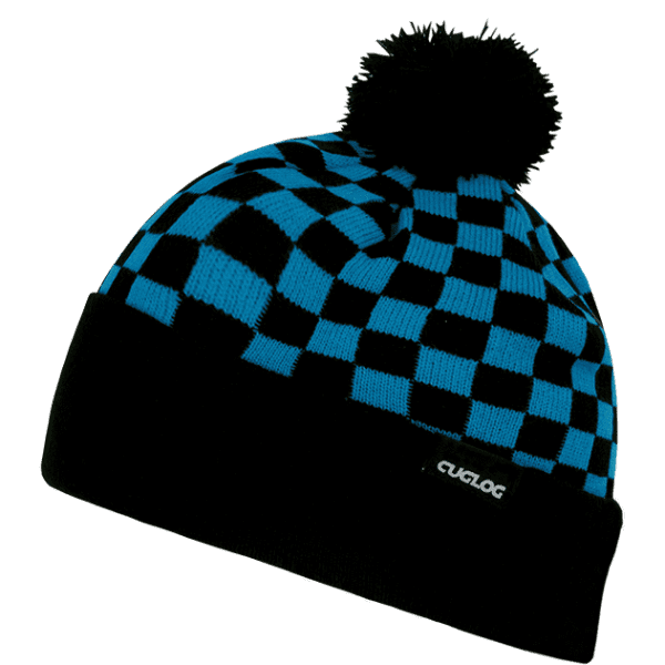 A blue and black checker-patterned beanie with a pom-pom on top and a branding label on the band.