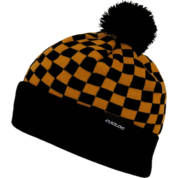 A black and yellow checker beanie with a pom-pom and a logo on the side.