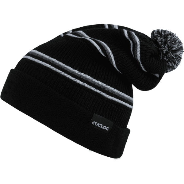 A black beanie with grey stripes and a pom-pom, featuring a logo on the side.