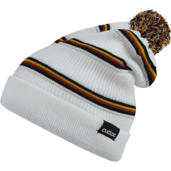 A white beanie featuring colourful stripes and a pom-pom on top, with a logo tag on the side.