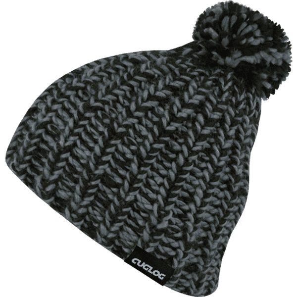 A knitted beanie in black and grey with a pom-pom on top and a logo tag.