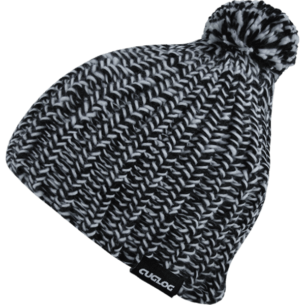 A black and white knitted beanie featuring a pom-pom and a logo.