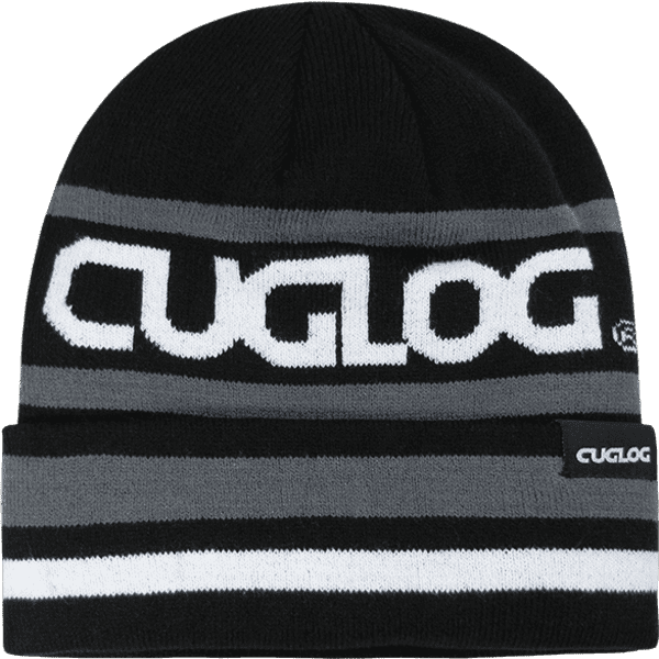 A black and grey beanie with horizontal stripes and a logo on the front.