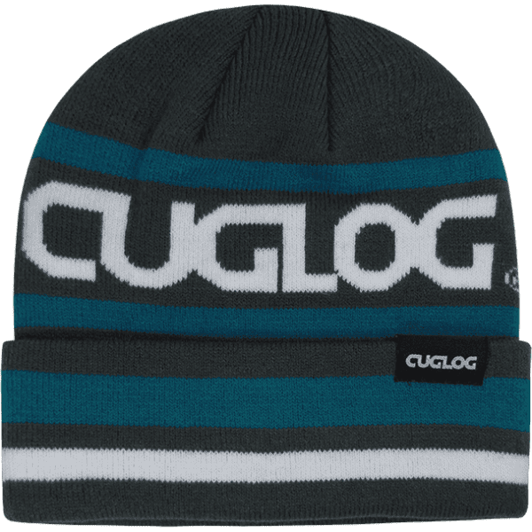 A knitted beanie in dark grey, teal, and white, featuring a logo and striped design.