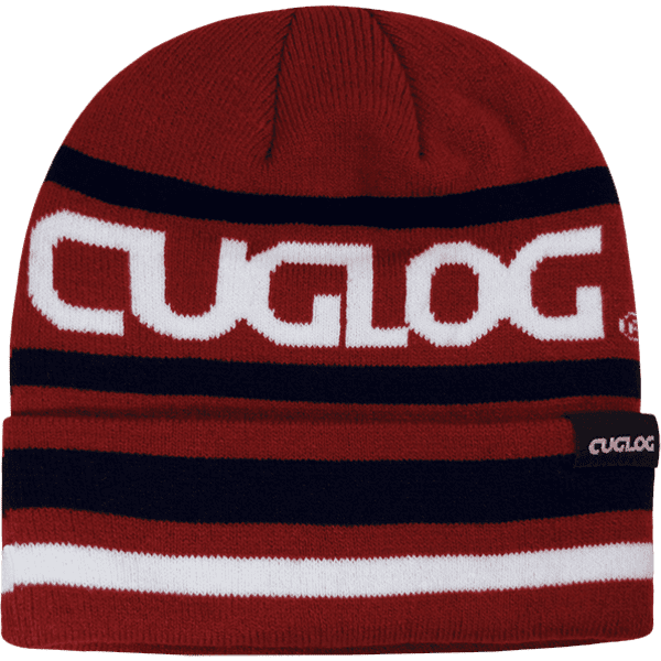 A red and navy beanie featuring a logo and bold stripes.