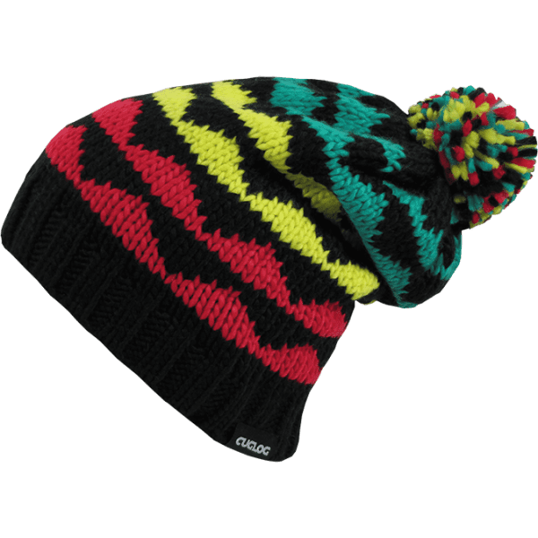 A colourful beanie featuring a black base with red, yellow, and green patterns, topped with a vibrant pompom.