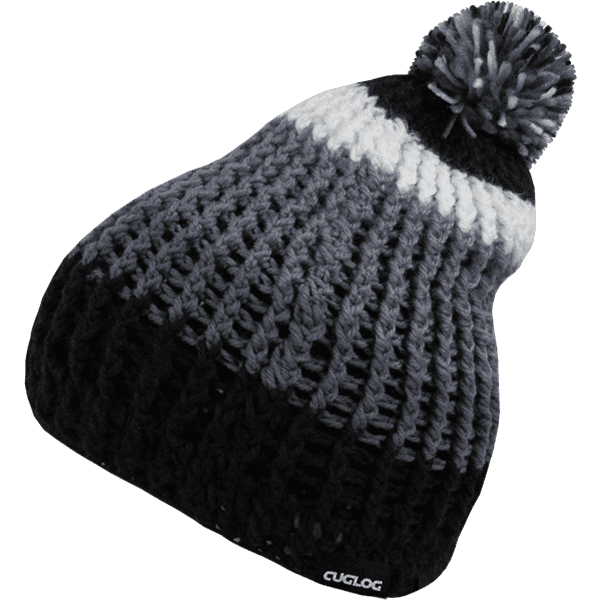 A knitted beanie featuring a gradient of black, grey, and white, topped with a pom-pom and a logo.