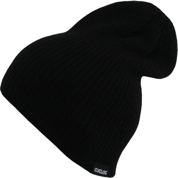 A black beanie with a ribbed texture and a small logo on the side.
