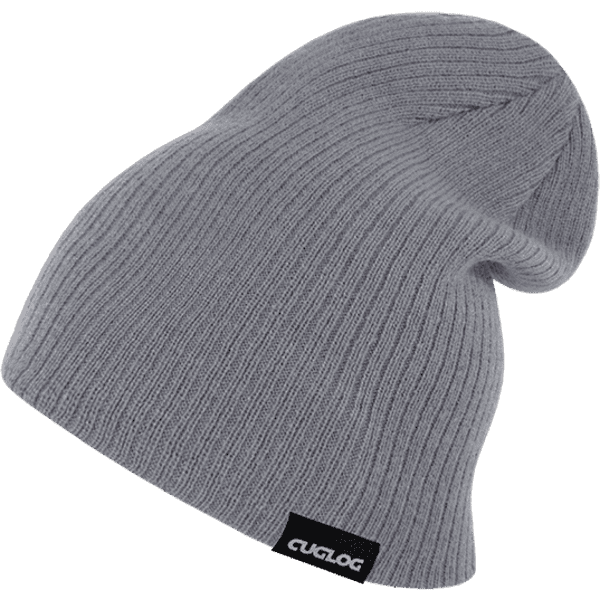 A grey ribbed beanie with a logo label on the side, featuring a slouchy design.