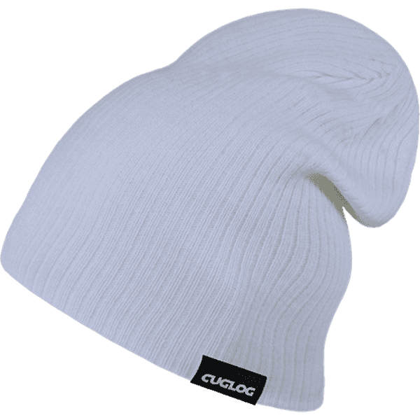 A white beanie with a ribbed texture and a branding label.