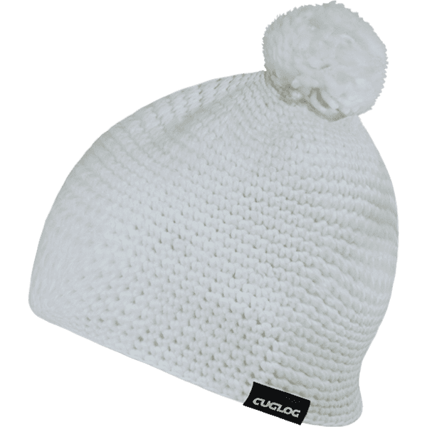 A white knitted beanie featuring a pom-pom on top and a branded tag.