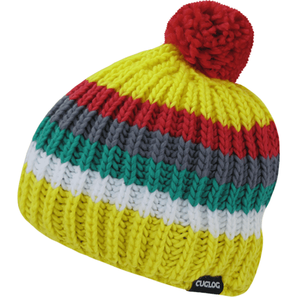 A multicoloured beanie featuring yellow, red, green, white, and grey stripes, topped with a red pom-pom and a logo tag.