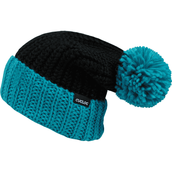 A black and teal beanie with a knitted pattern and a large pom-pom on top, featuring a branding tag.