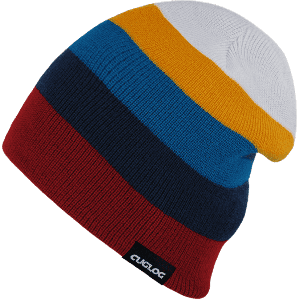 A multicoloured beanie featuring stripes in red, blue, yellow, navy, and white, with a logo on the side.