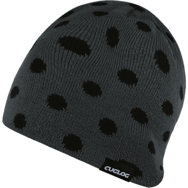 A grey beanie with black polka dots and a small logo on the side.