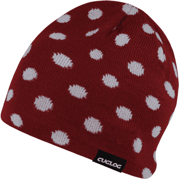 A red beanie with white polka dots and a small Cuglog logo.