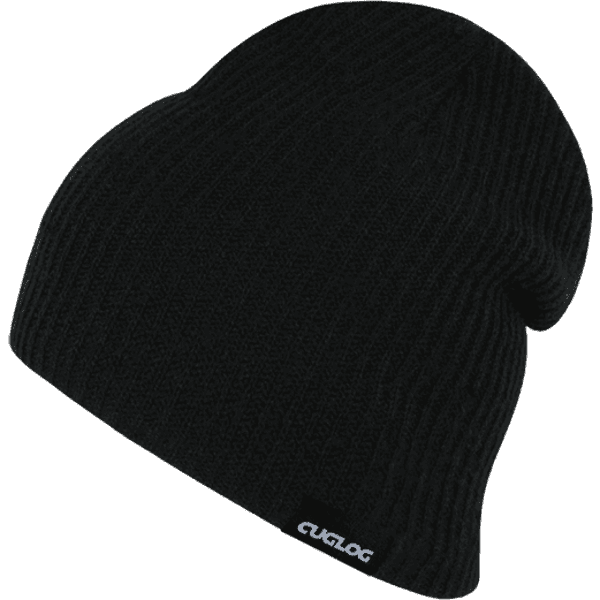 A black beanie with a ribbed texture, featuring a small logo on the edge.