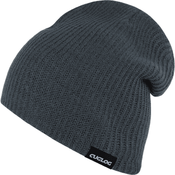 A grey knitted beanie featuring a logo patch. The beanie has a slouchy design and a textured pattern.