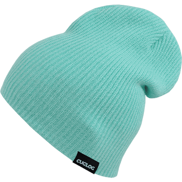A light teal beanie with a ribbed texture and a small brand label.