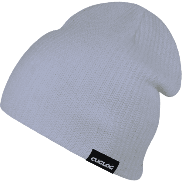 A white beanie with a fold-up edge and a small logo patch.