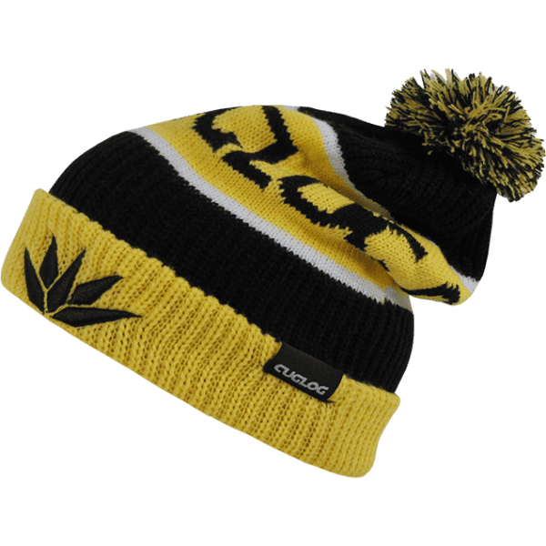 A black and yellow beanie with a pom-pom on top and a logo tag on the side.