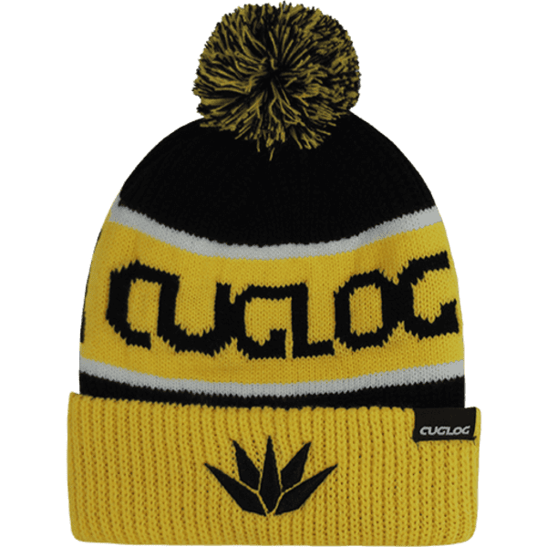 A yellow and black beanie with a pom-pom on top and a logo displayed on the front.