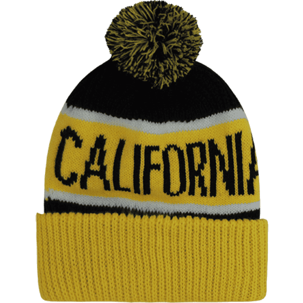 A yellow beanie with black and white stripes, featuring a pom-pom on top and the word "CALIFORNIA".