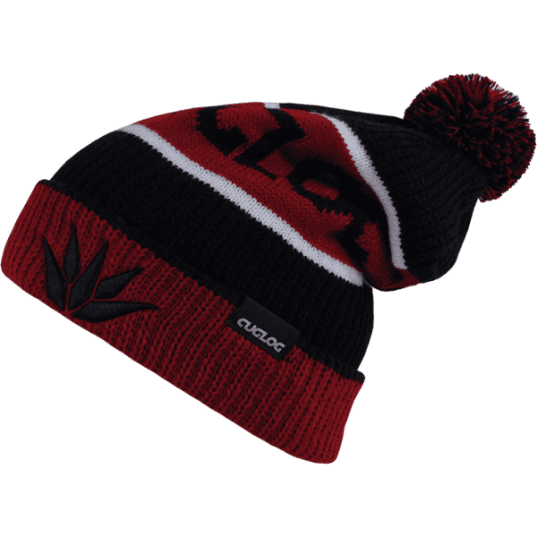 A black and burgundy beanie featuring a pom-pom and a logo, with a striped pattern and embroidery.