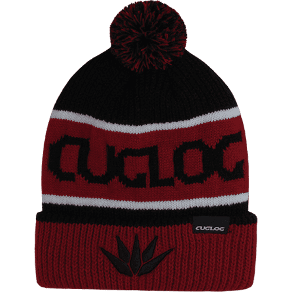 A red and black beanie featuring a pom-pom on top and a logo on the front.