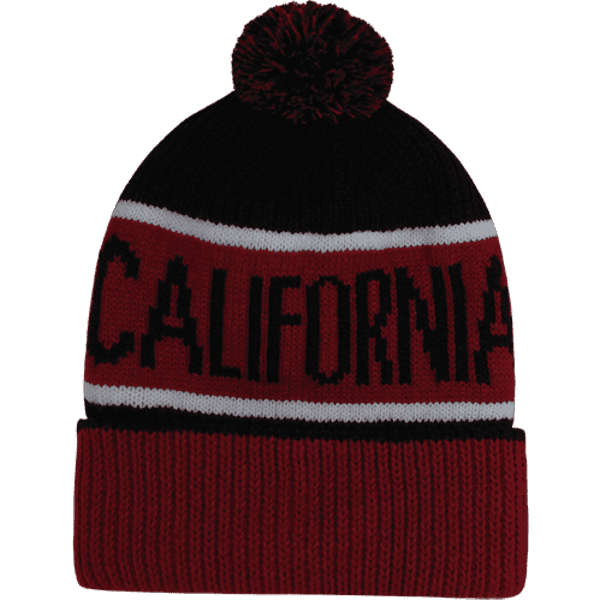 A red and black beanie features a pom-pom on top and decorative text. It includes a logo on the side.