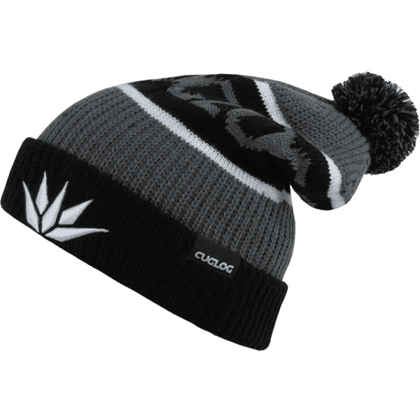 A grey and black beanie with a white logo, featuring a pom-pom on top and striped patterns.