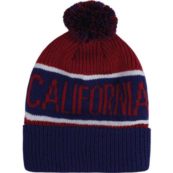 A red and navy beanie with a pom-pom on top and the word "CALIFORNIA" knitted into the design.