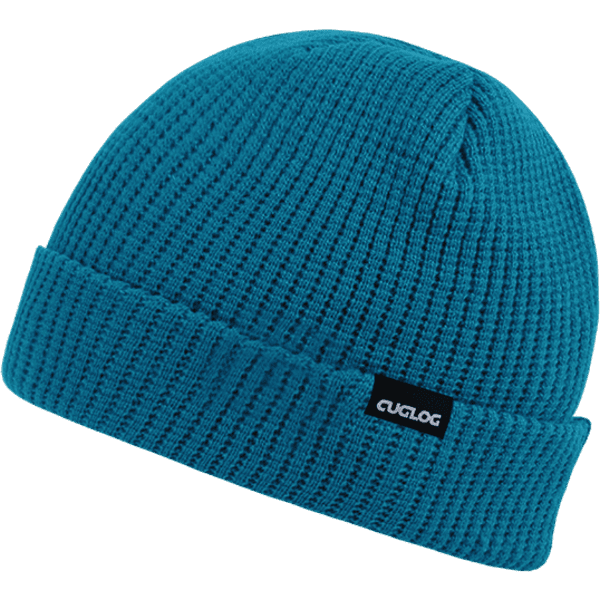 A teal beanie with a ribbed texture and a small logo on the side.